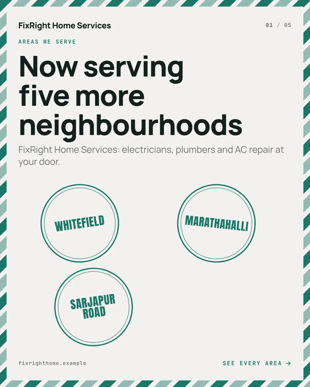Sample Service area postmarks creative (Front-desk carousels template), shown on the fictional brand FixRight Home Services