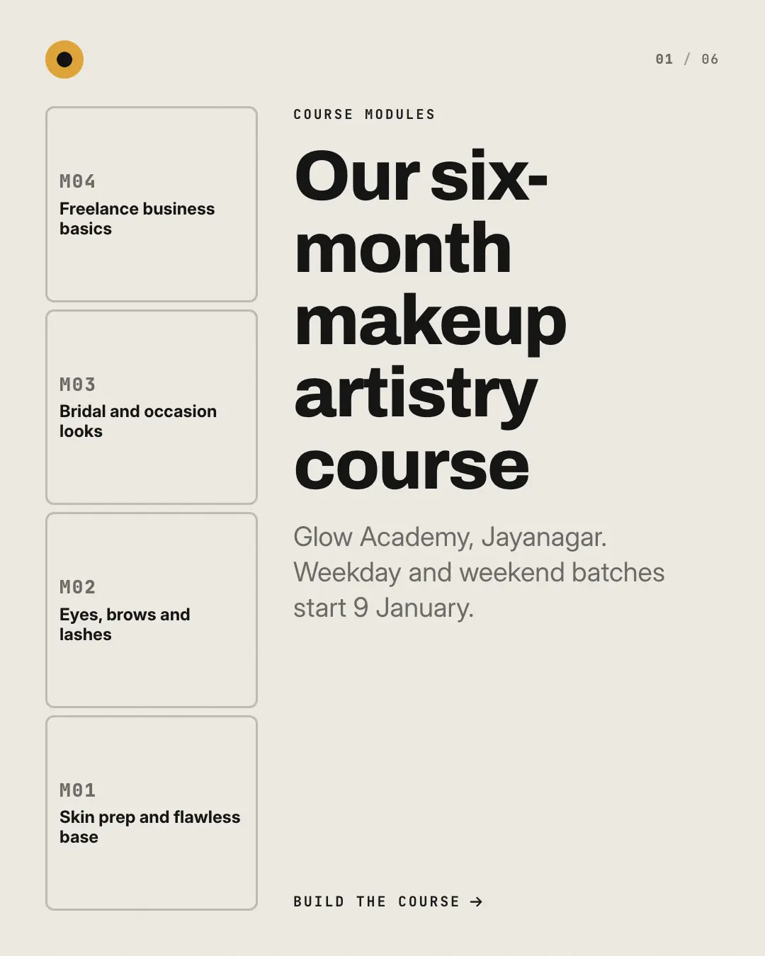 Sample Syllabus blocks creative (Front-desk carousels template), shown on the fictional brand Glow Academy