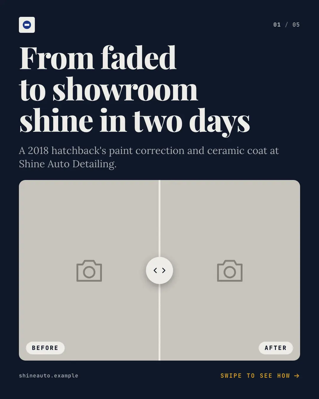 Sample Transformation reveal creative (Front-desk carousels template), shown on the fictional brand Shine Auto Detailing