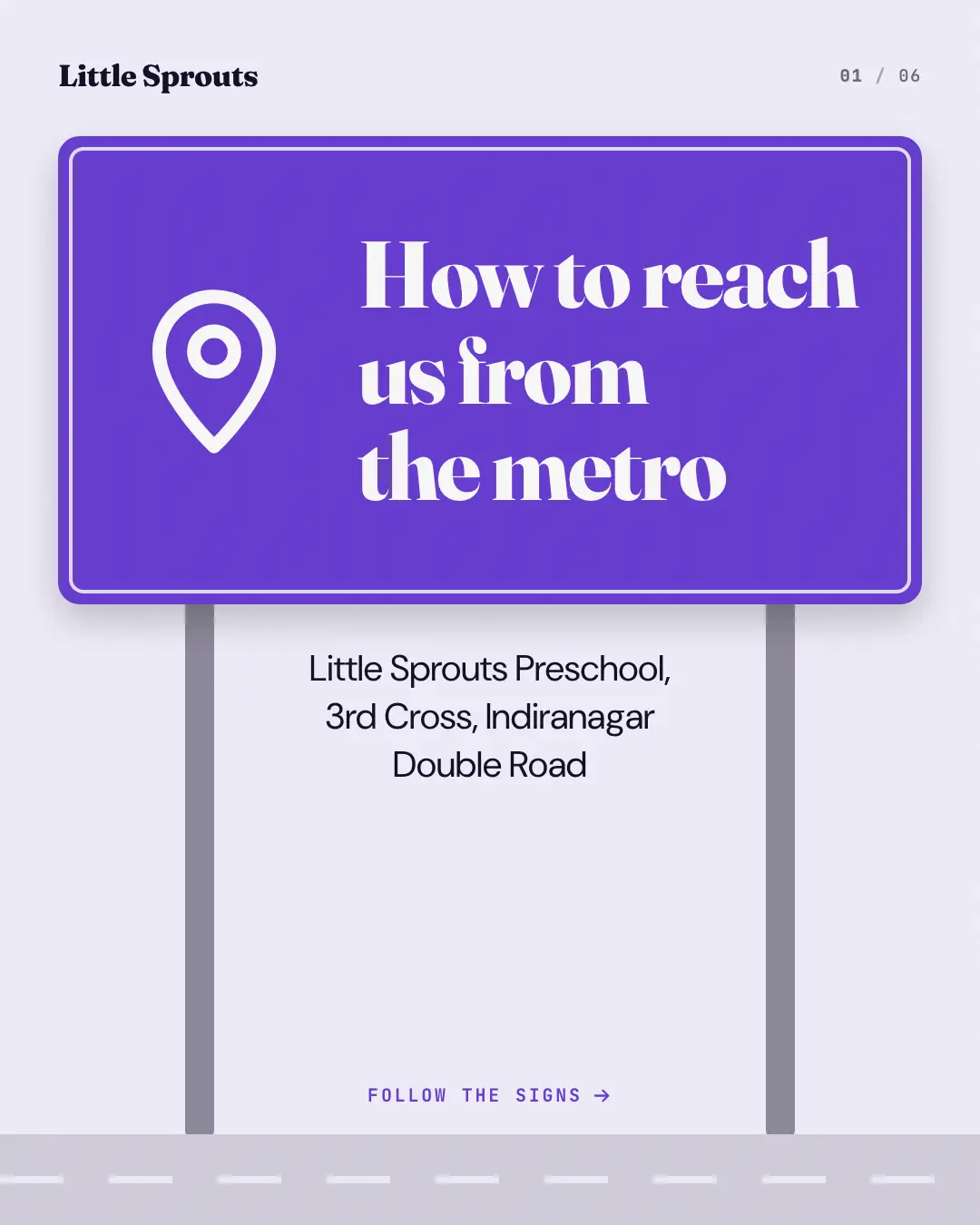 Sample Wayfinding arrows creative (Front-desk carousels template), shown on the fictional brand Little Sprouts