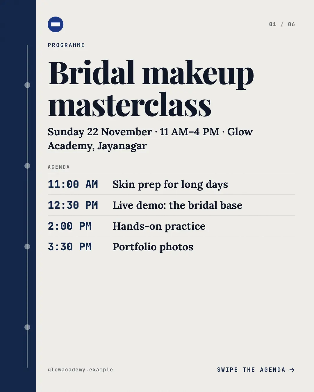 Sample Workshop programme creative (Front-desk carousels template), shown on the fictional brand Glow Academy