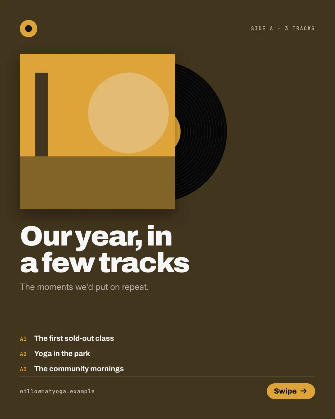 Sample Album tracklist creative (Narrative decks template), shown on the fictional brand Willowmat Yoga