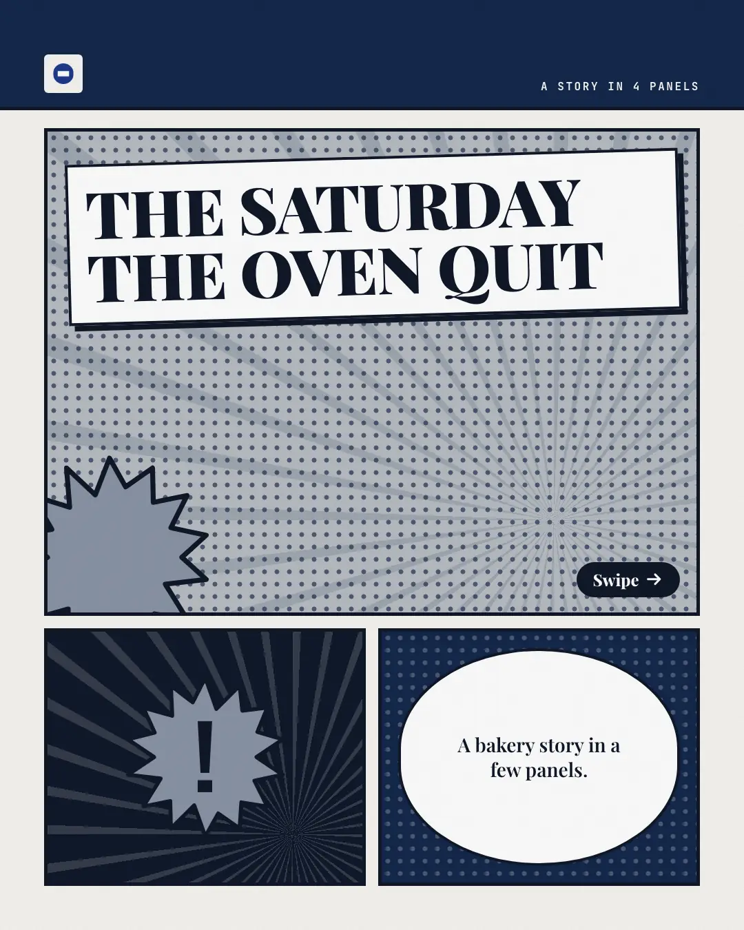 Sample Comic-strip pages creative (Narrative decks template), shown on the fictional brand DawnCrumb Bakery