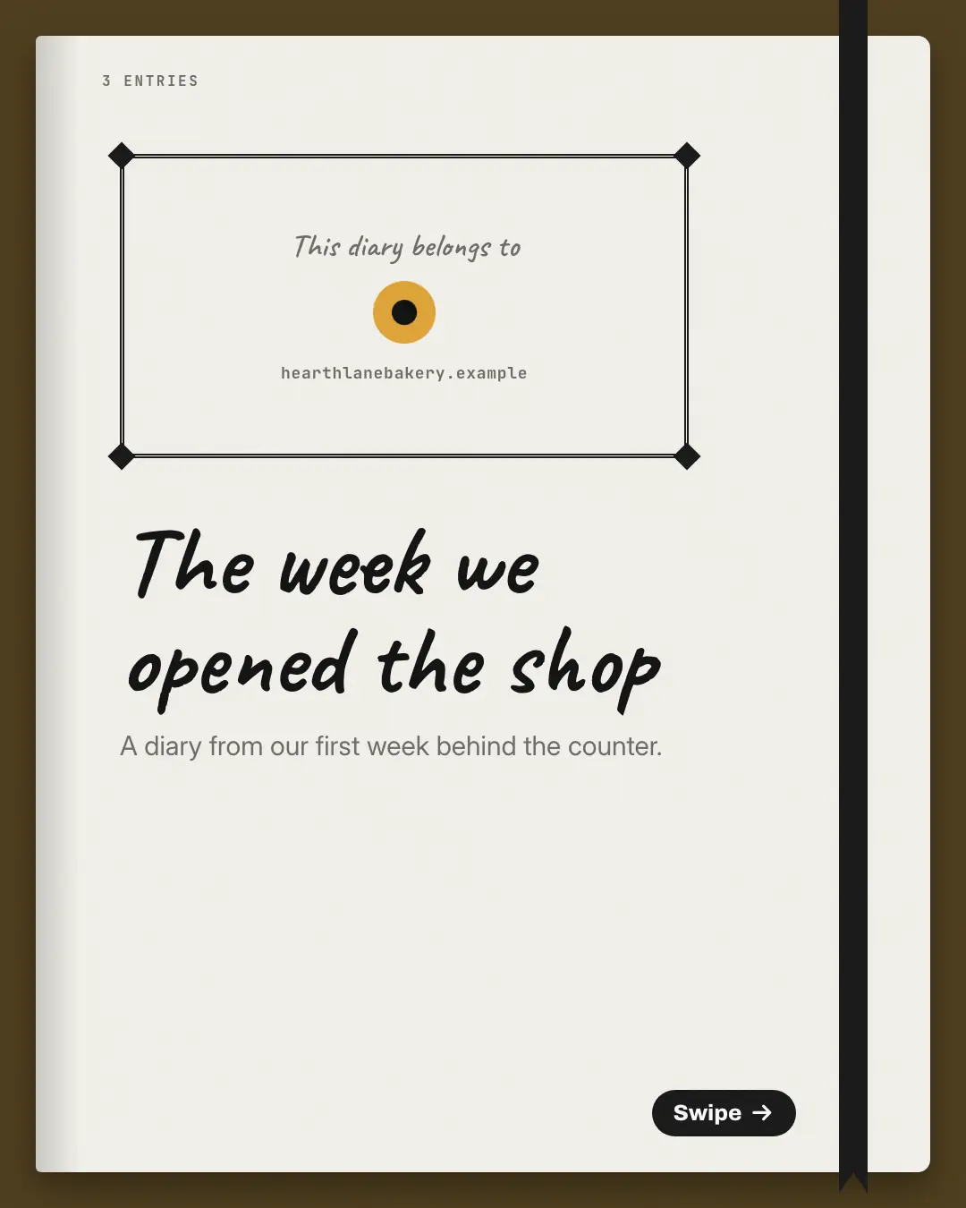 Sample Diary pages creative (Narrative decks template), shown on the fictional brand HearthLane Bakery
