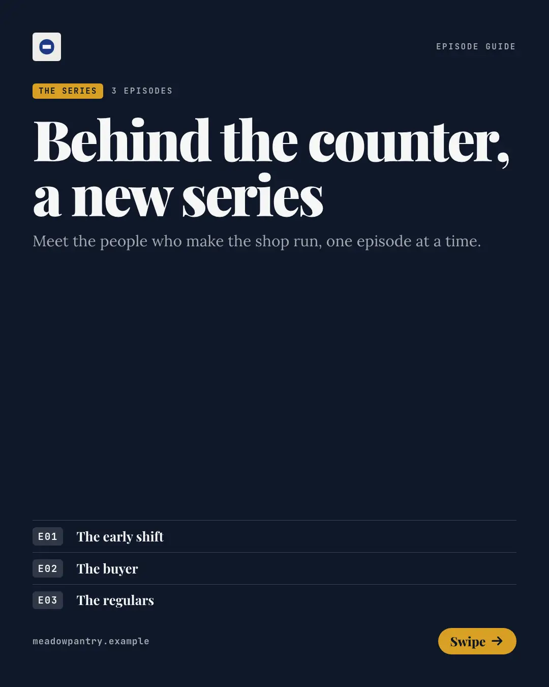 Sample Episode guide creative (Narrative decks template), shown on the fictional brand Meadow Pantry
