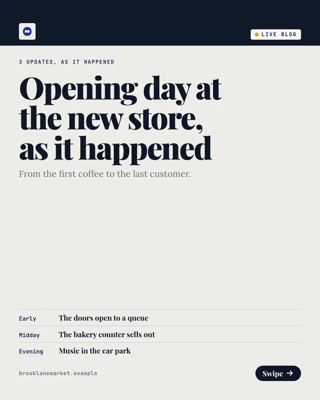 Sample Live blog creative (Narrative decks template), shown on the fictional brand Brooklane Market