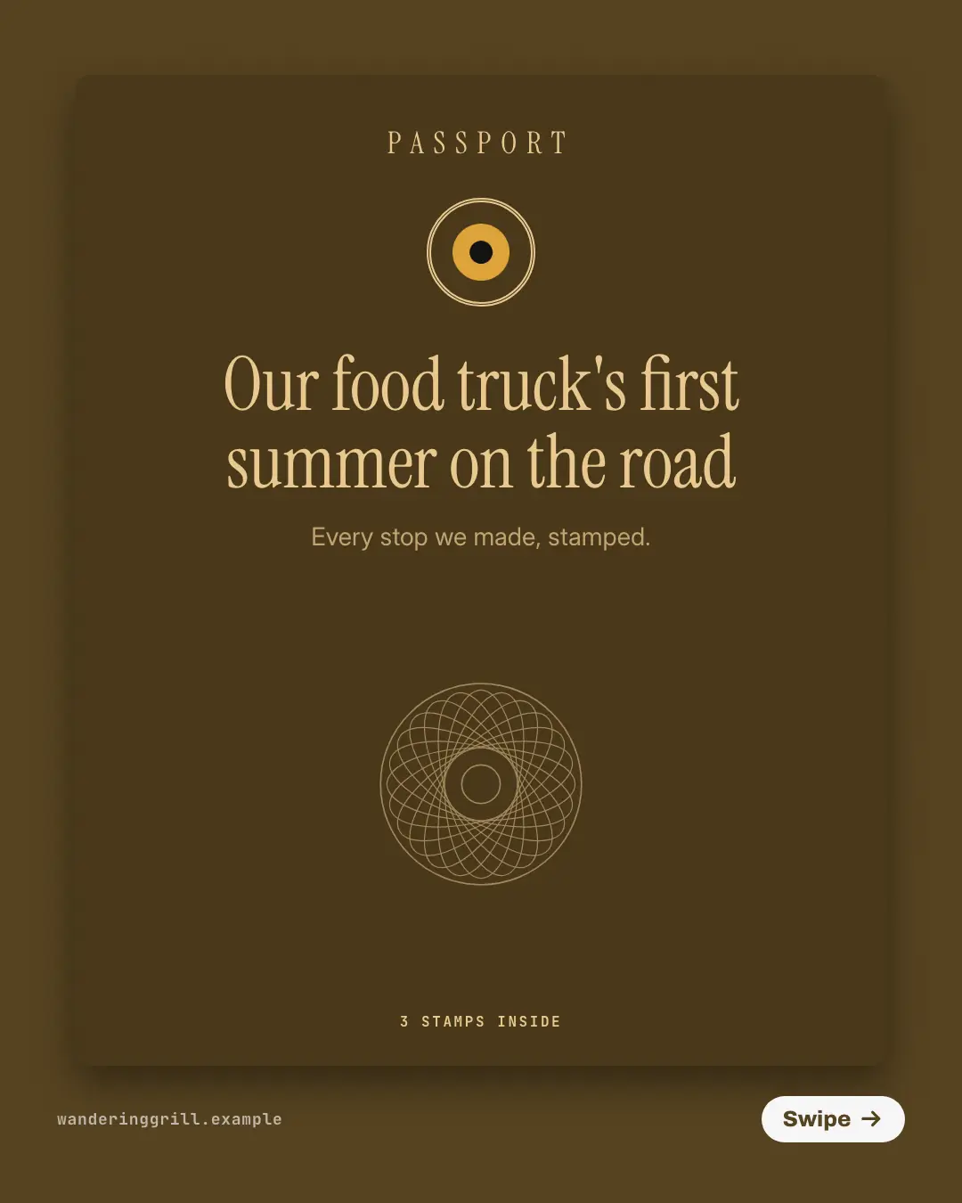 Sample Passport pages creative (Narrative decks template), shown on the fictional brand Wandering Grill