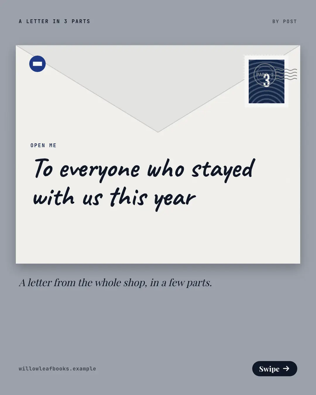 Sample Serial letter creative (Narrative decks template), shown on the fictional brand Willowleaf Books