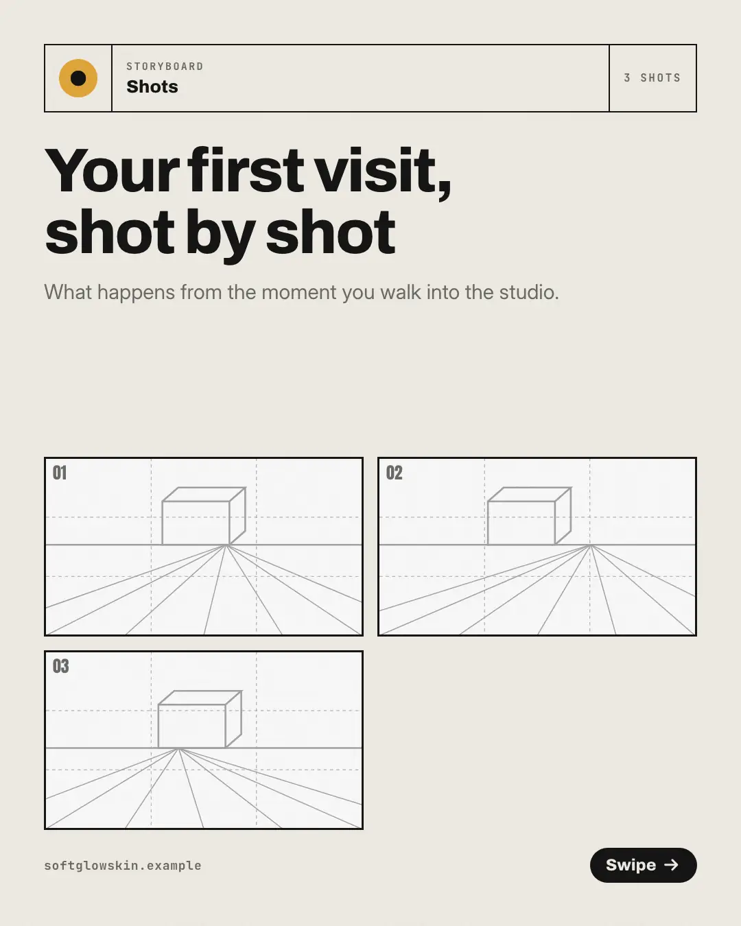 Sample Storyboard frames creative (Narrative decks template), shown on the fictional brand Softglow Skin Studio