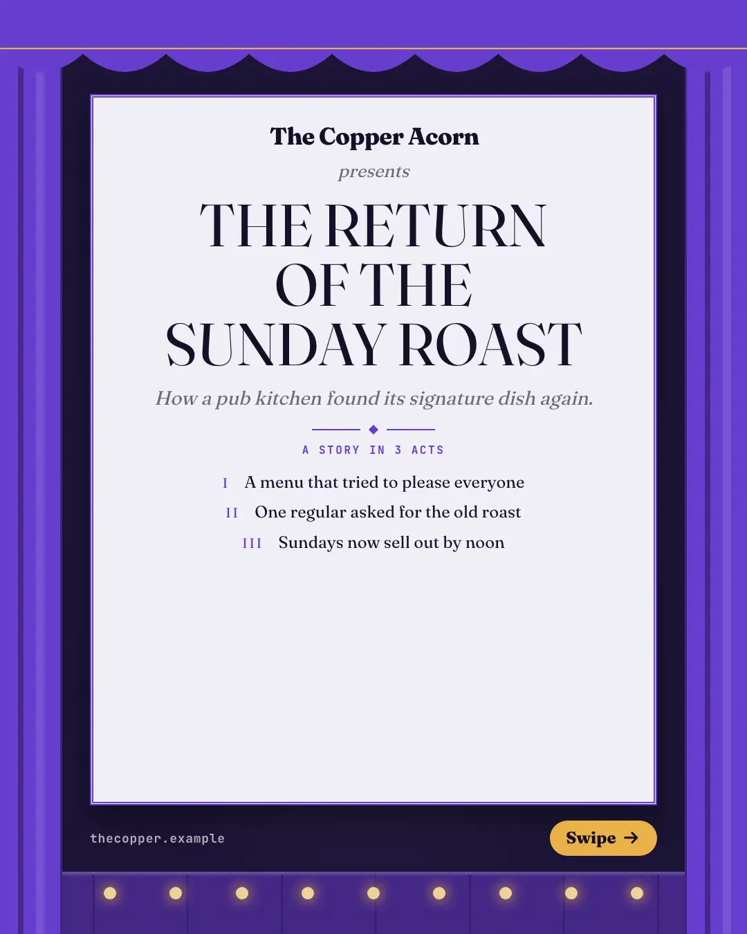 Sample Theatre playbill creative (Narrative decks template), shown on the fictional brand The Copper Acorn