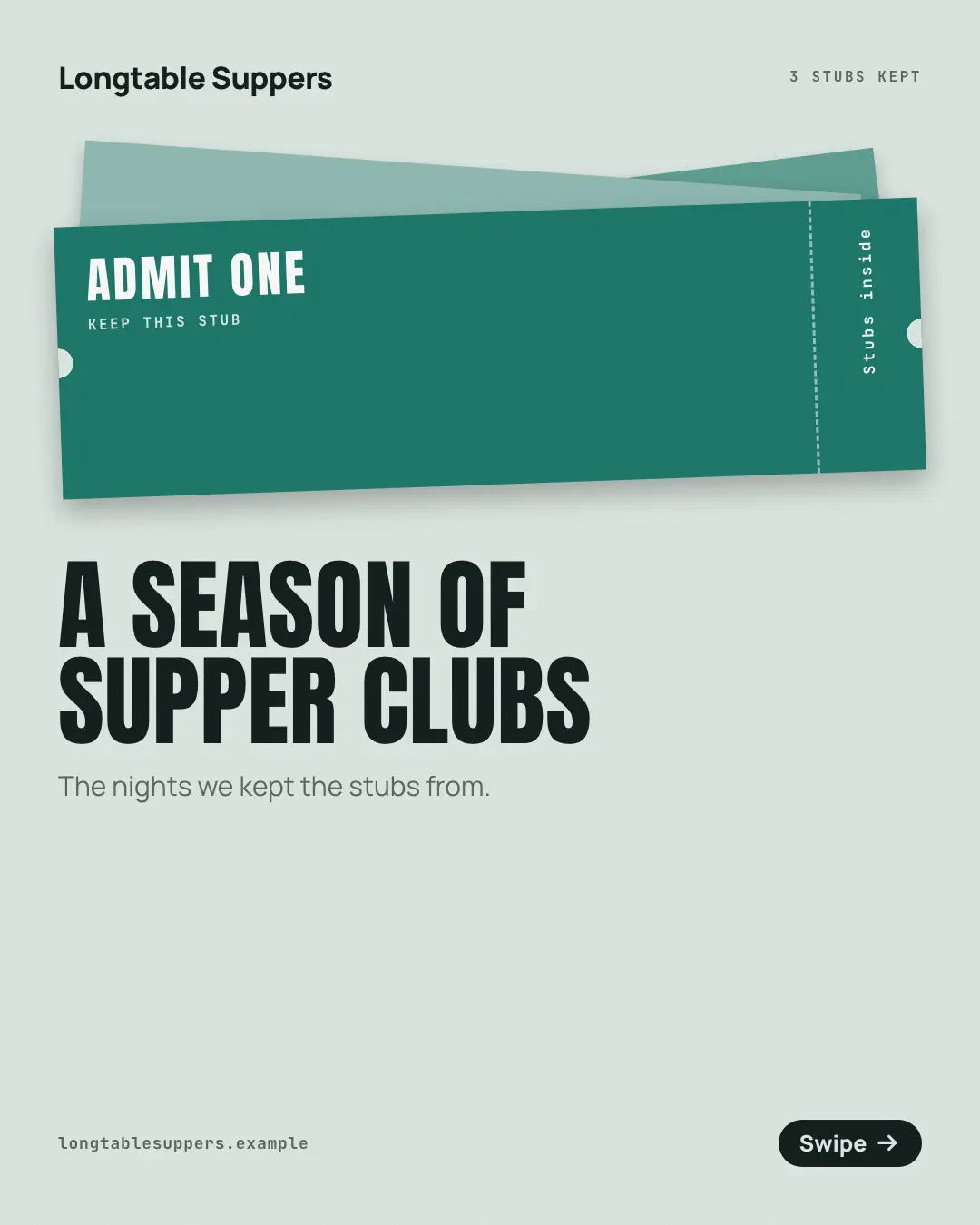 Sample Ticket stubs creative (Narrative decks template), shown on the fictional brand Longtable Suppers