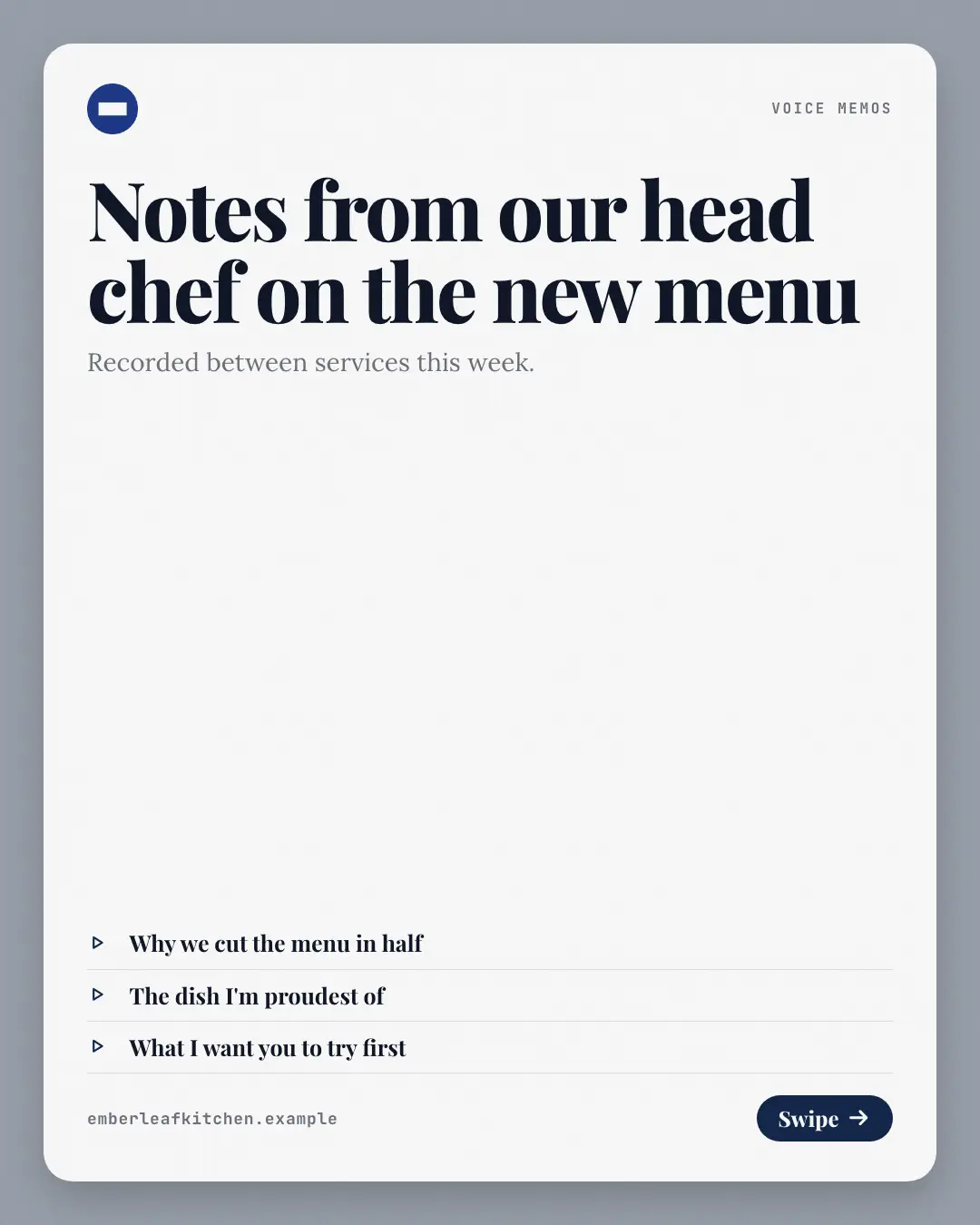 Sample Voice memos creative (Narrative decks template), shown on the fictional brand Emberleaf Kitchen