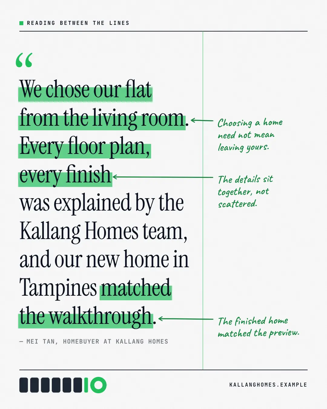 Sample Annotated quote creative (Decoder & explainer template), shown on the fictional brand Kallang Homes