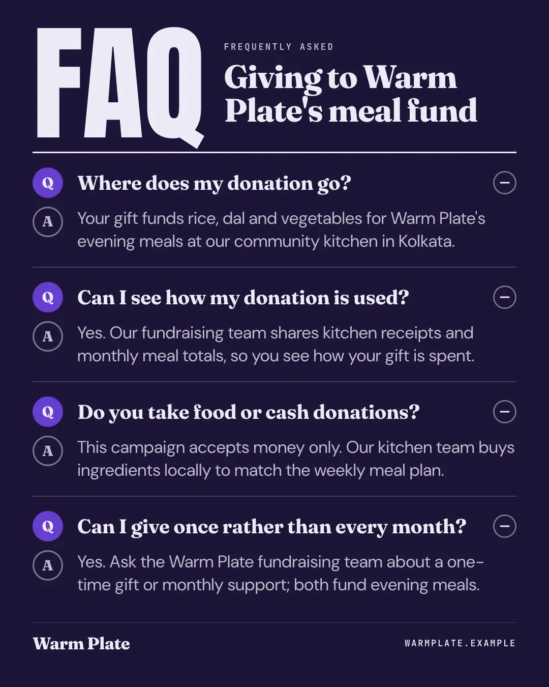 Sample FAQ card creative (Decoder & explainer template), shown on the fictional brand Warm Plate
