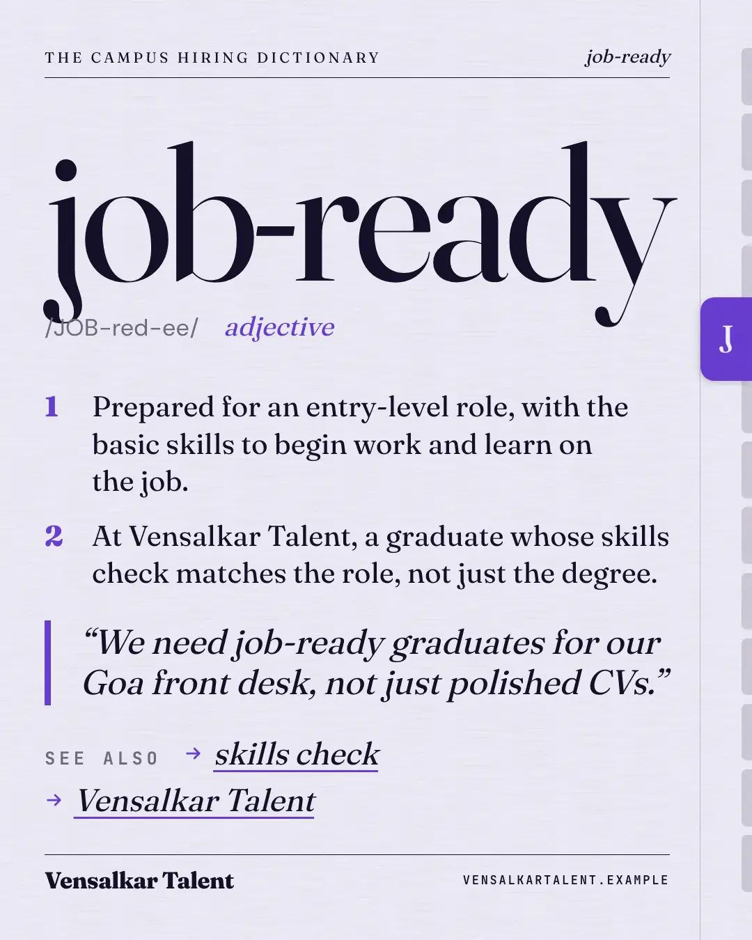 Sample Glossary entry creative (Decoder & explainer template), shown on the fictional brand Vensalkar Talent