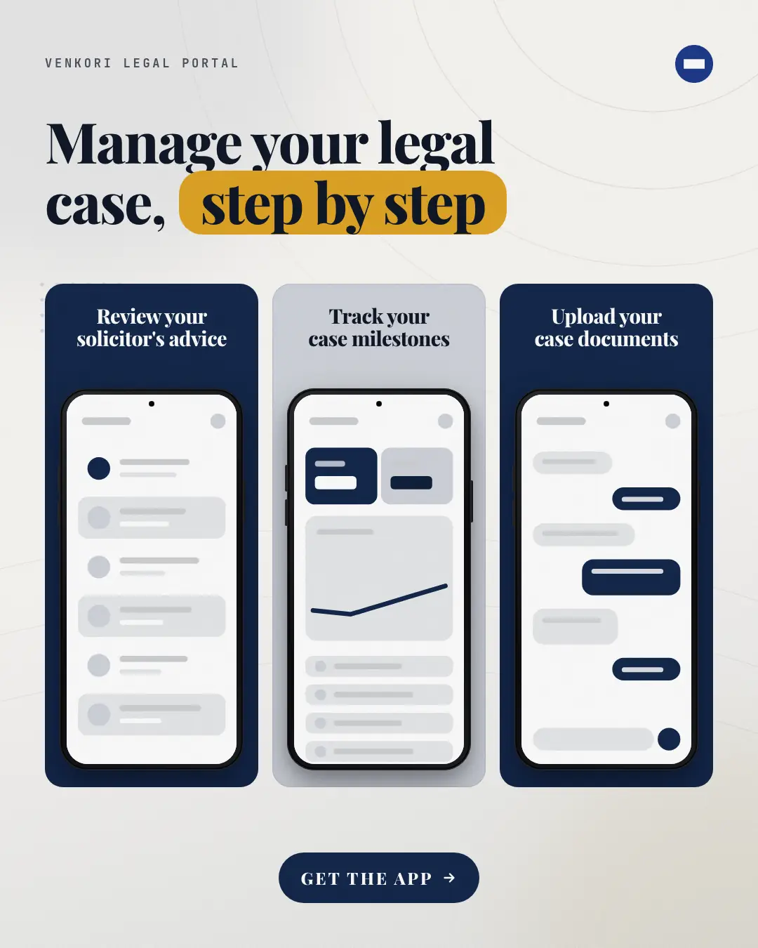 Sample App screenshot strip creative (Device mockups template), shown on the fictional brand Venkori Legal