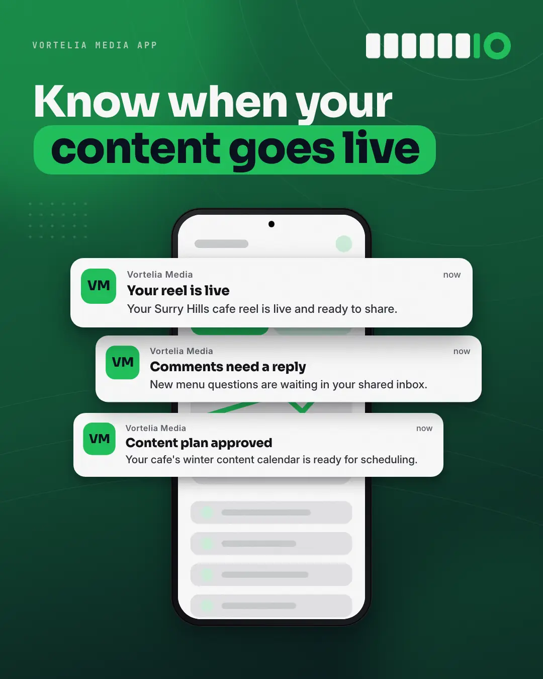 Sample Notifications over a phone creative (Device mockups template), shown on the fictional brand Vortelia Media