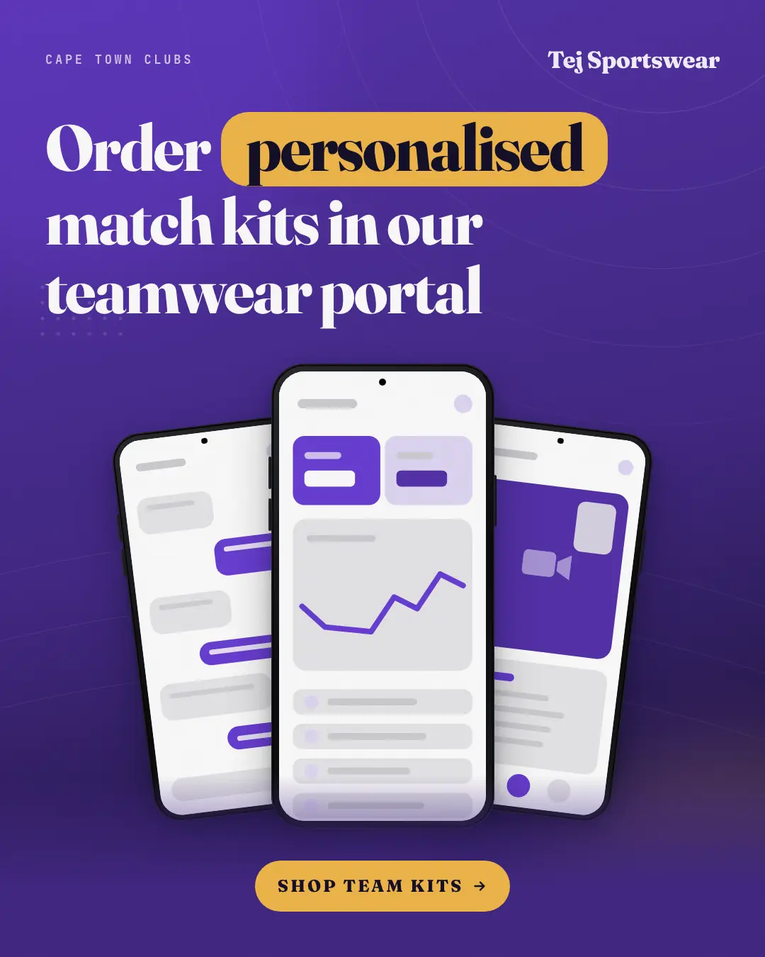 Sample Phone trio creative (Device mockups template), shown on the fictional brand Tej Sportswear