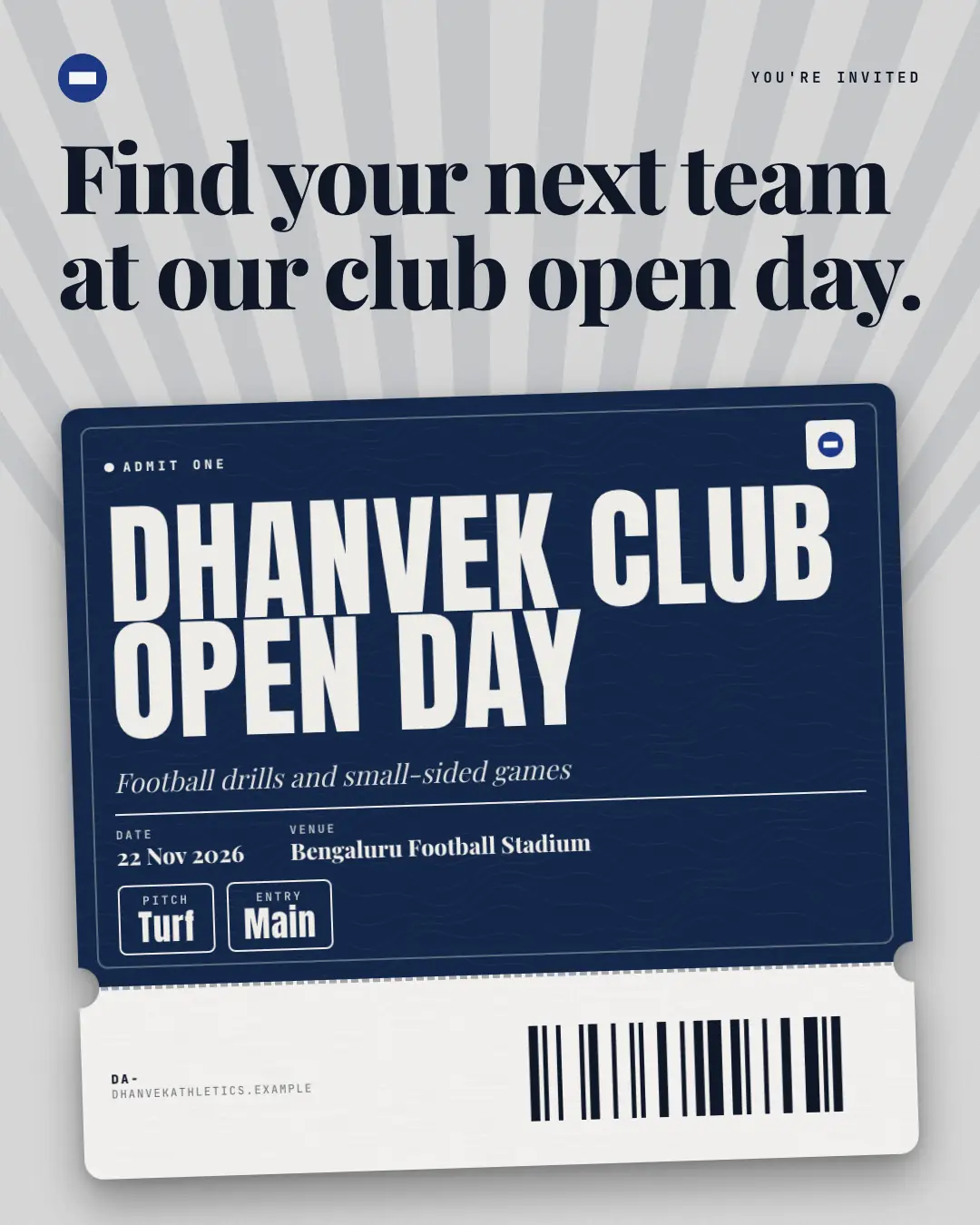 Sample Event ticket creative (Document & object template), shown on the fictional brand Dhanvek Athletics
