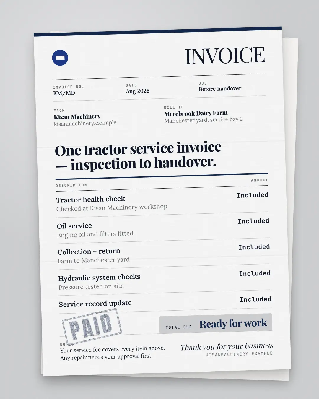 Sample Invoice creative (Document & object template), shown on the fictional brand Kisan Machinery