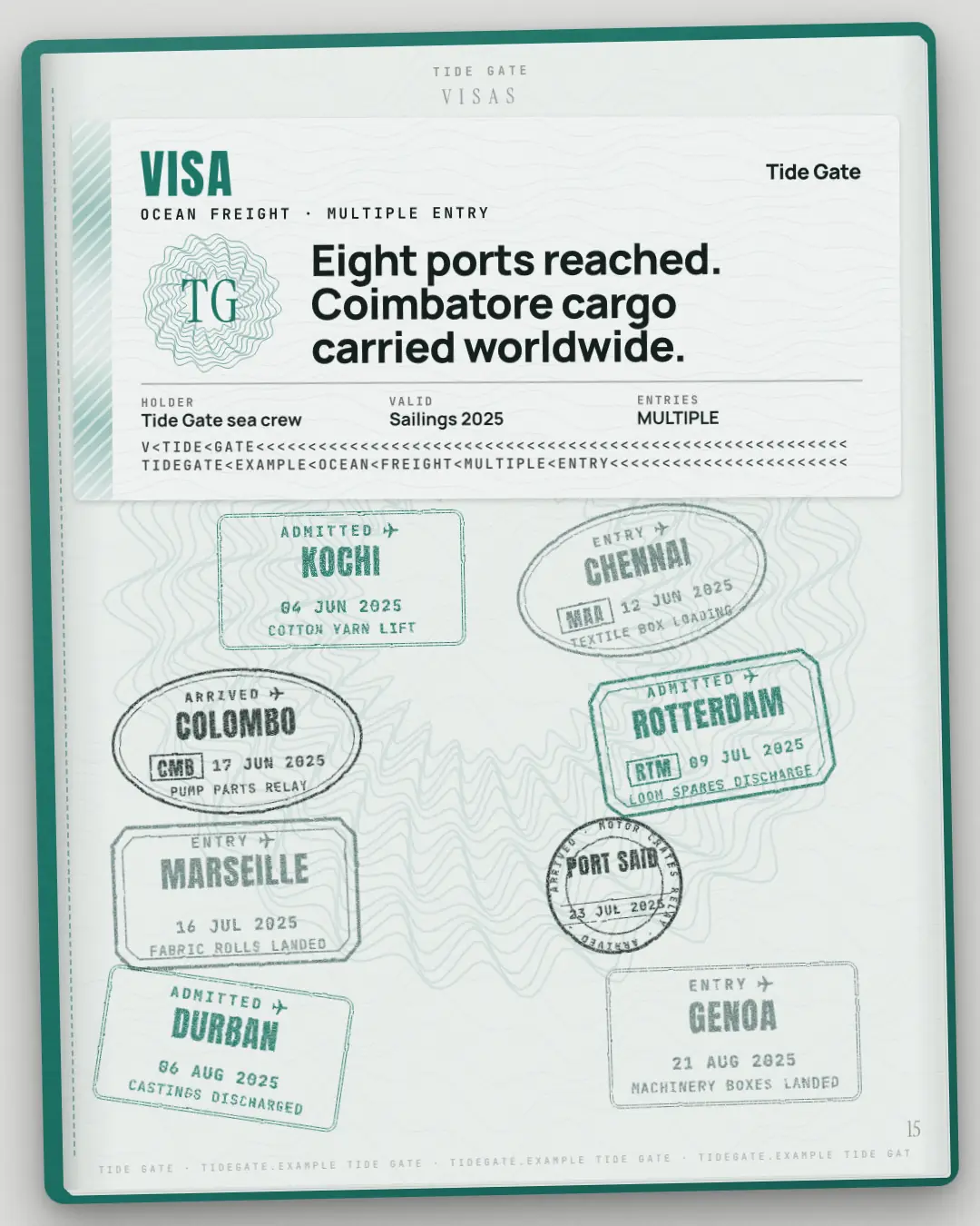 Sample Passport stamps creative (Document & object template), shown on the fictional brand Tide Gate