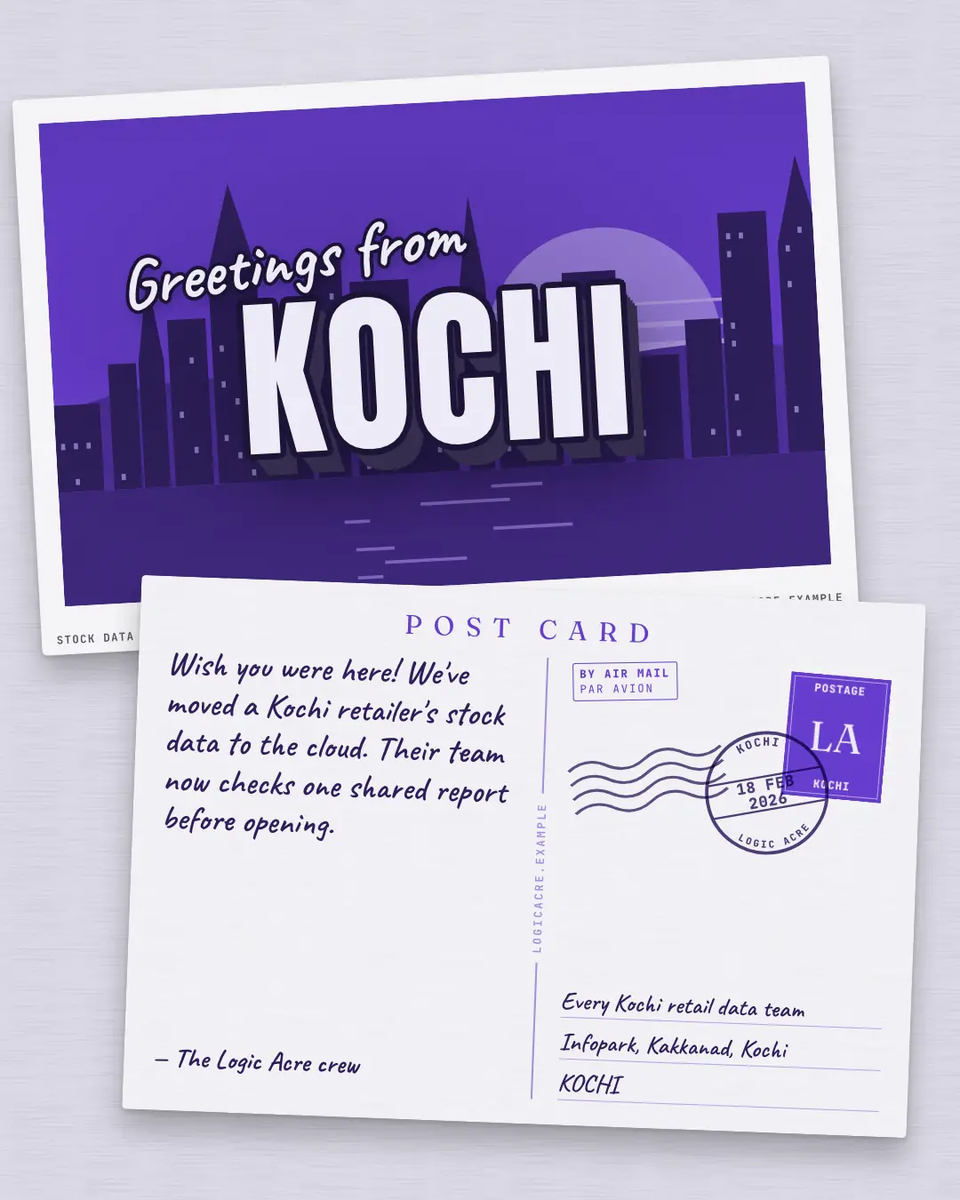 Sample Postcard creative (Document & object template), shown on the fictional brand Logic Acre