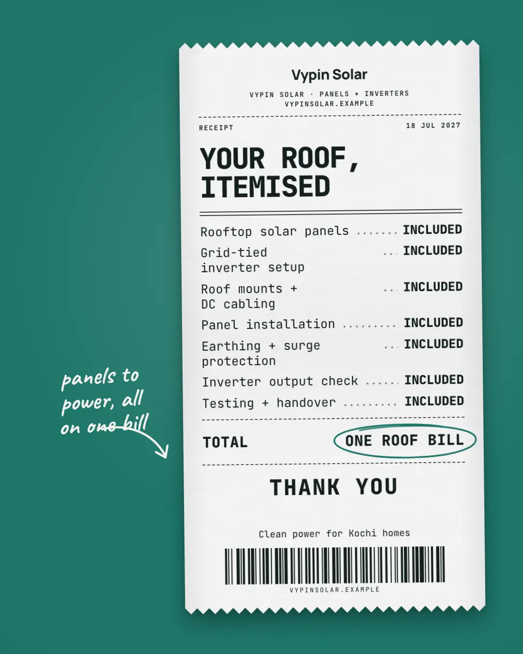Sample Thermal receipt creative (Document & object template), shown on the fictional brand Vypin Solar
