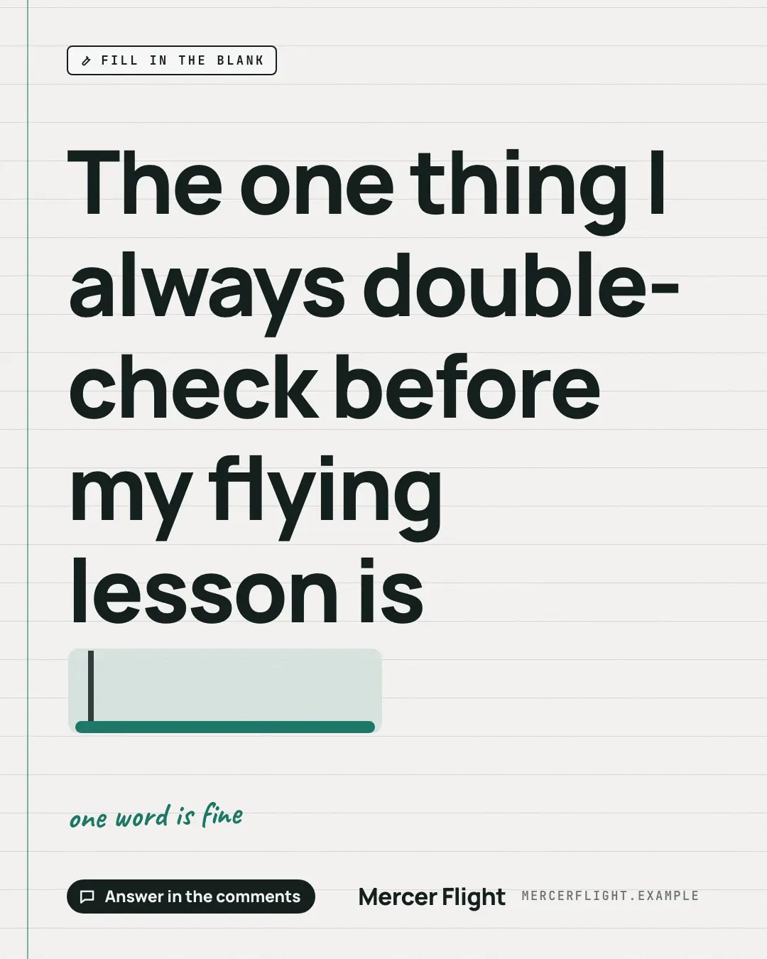 Sample Fill in the blank creative (Engagement template), shown on the fictional brand Mercer Flight