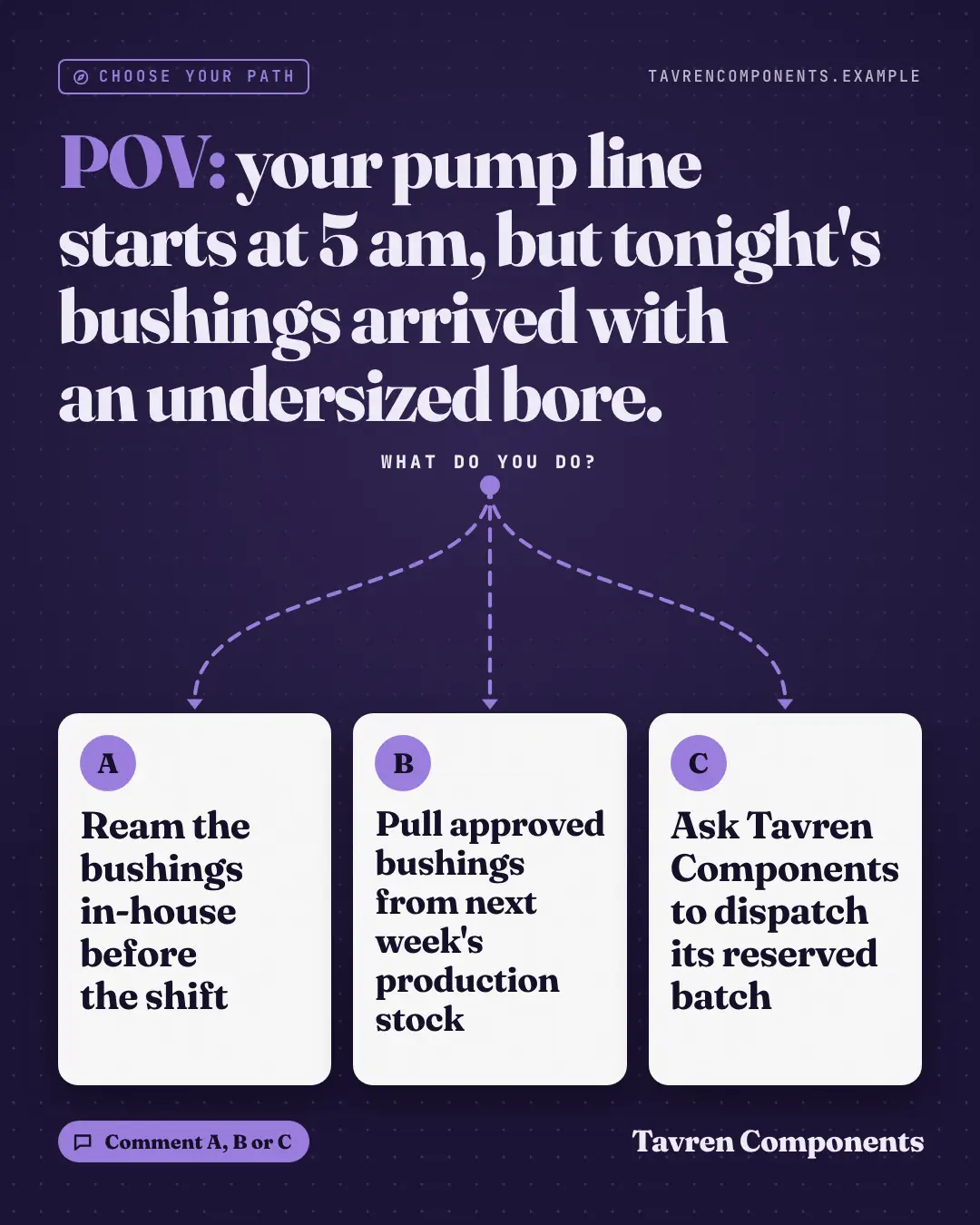 Sample POV: choose your path creative (Engagement template), shown on the fictional brand Tavren Components