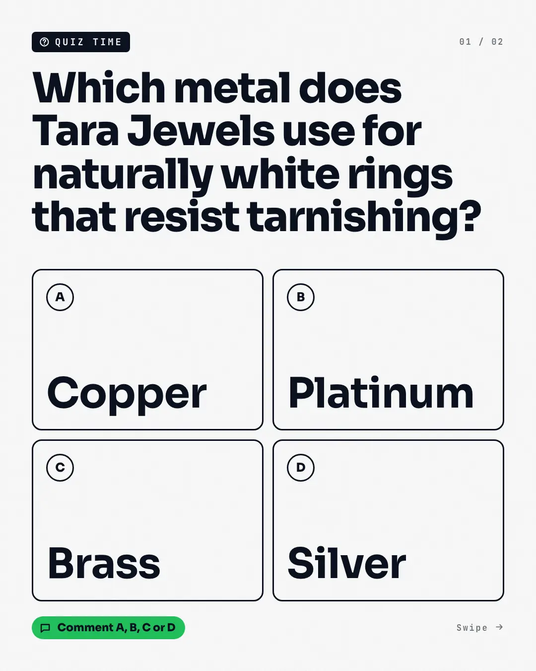 Sample Quiz (question + reveal) creative (Engagement template), shown on the fictional brand Tara Jewels