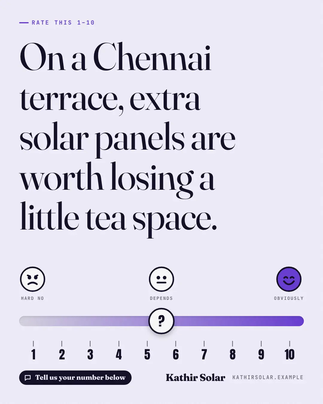 Sample Rate this 1–10 creative (Engagement template), shown on the fictional brand Kathir Solar