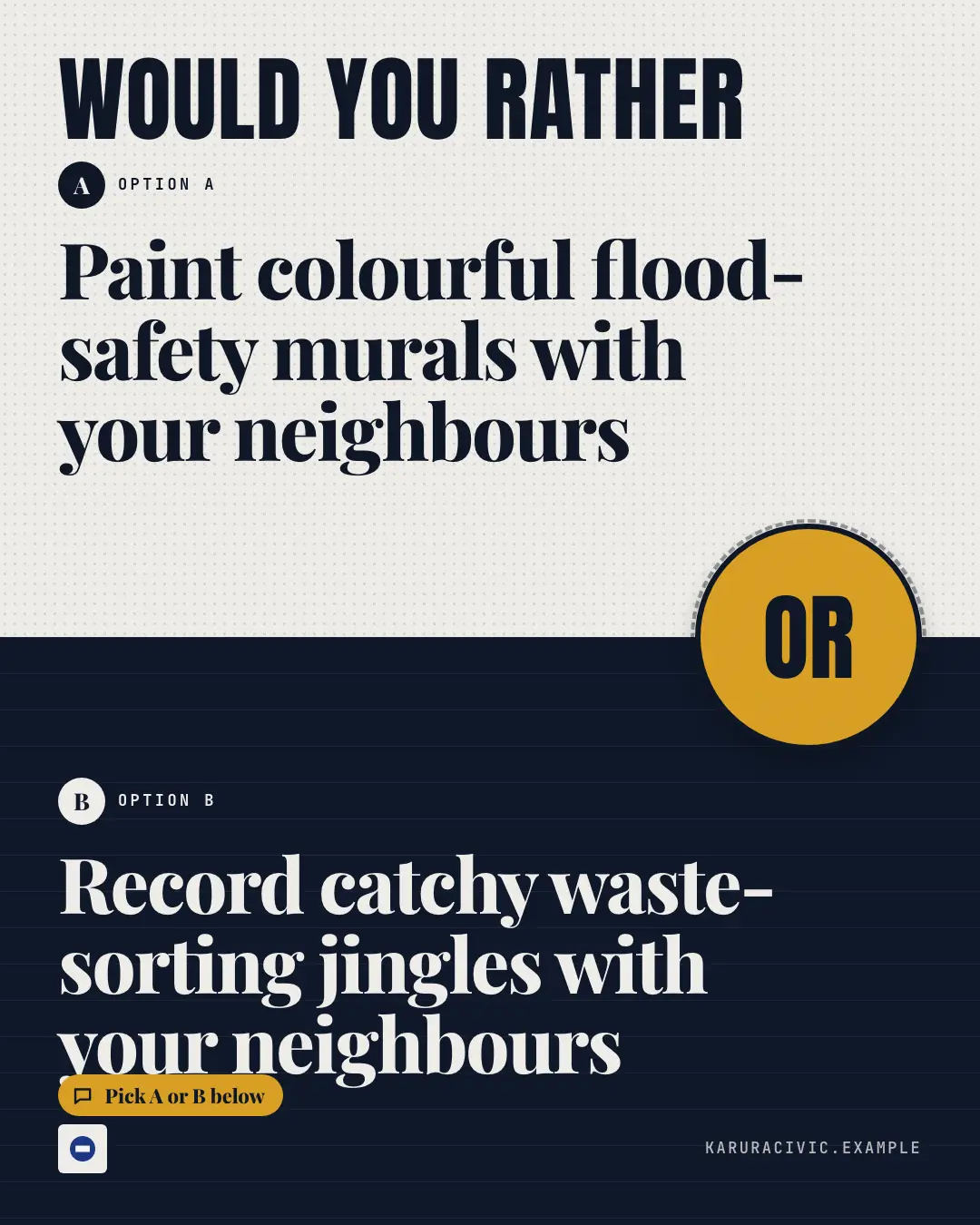 Sample Would you rather creative (Engagement template), shown on the fictional brand Karura Civic Office
