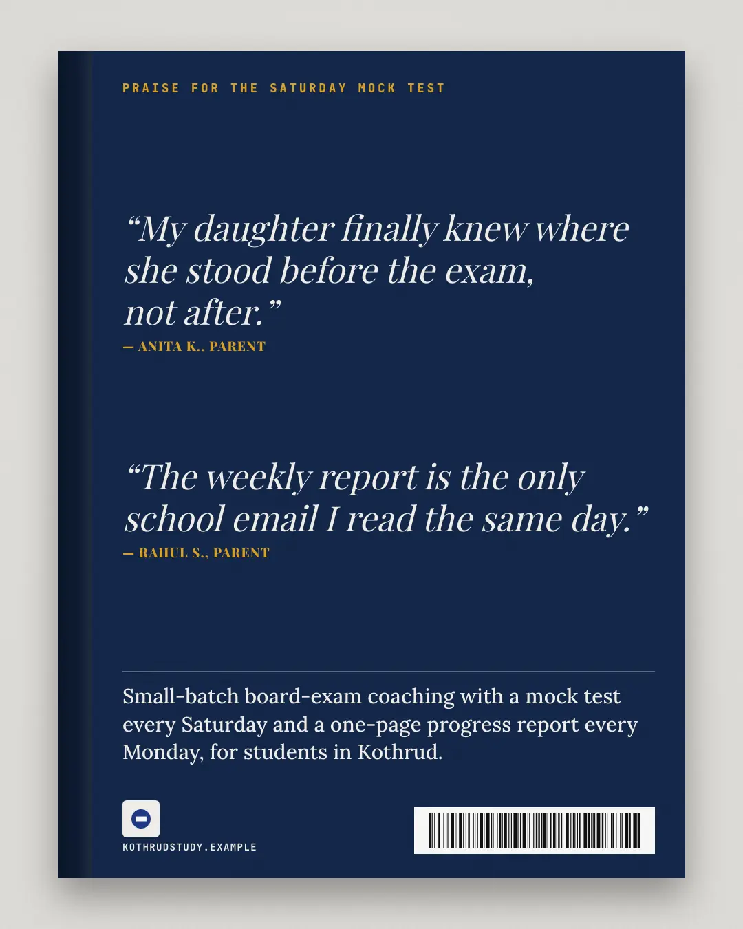 Sample Praise blurbs creative (Editorial & print template), shown on the fictional brand Kothrud Study Nest