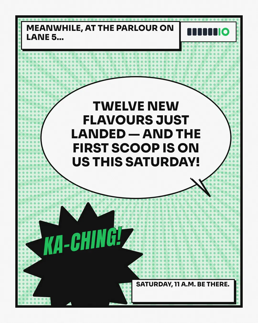 Sample Comic: meanwhile… creative (Editorial & print template), shown on the fictional brand Scooplane Parlour