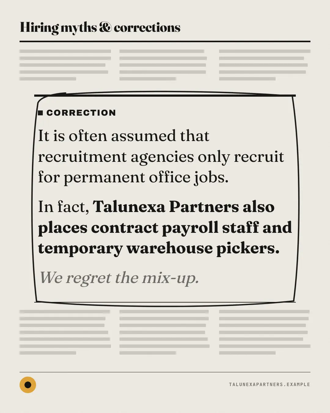 Sample Correction box creative (Editorial & print template), shown on the fictional brand Talunexa Partners