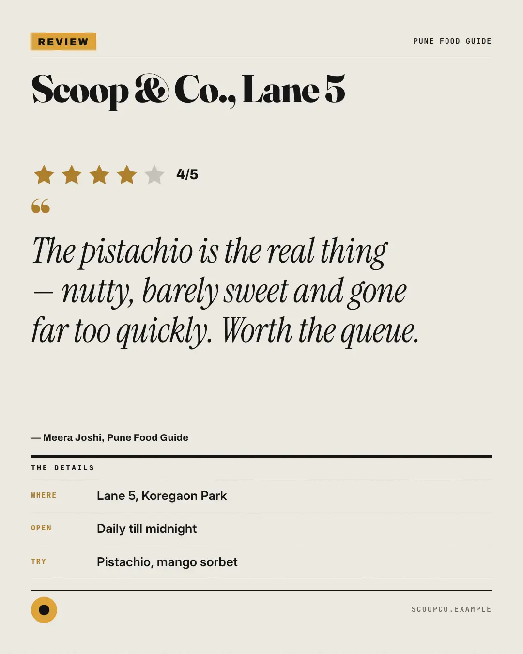 Sample Critic's review creative (Editorial & print template), shown on the fictional brand Scoop & Co.