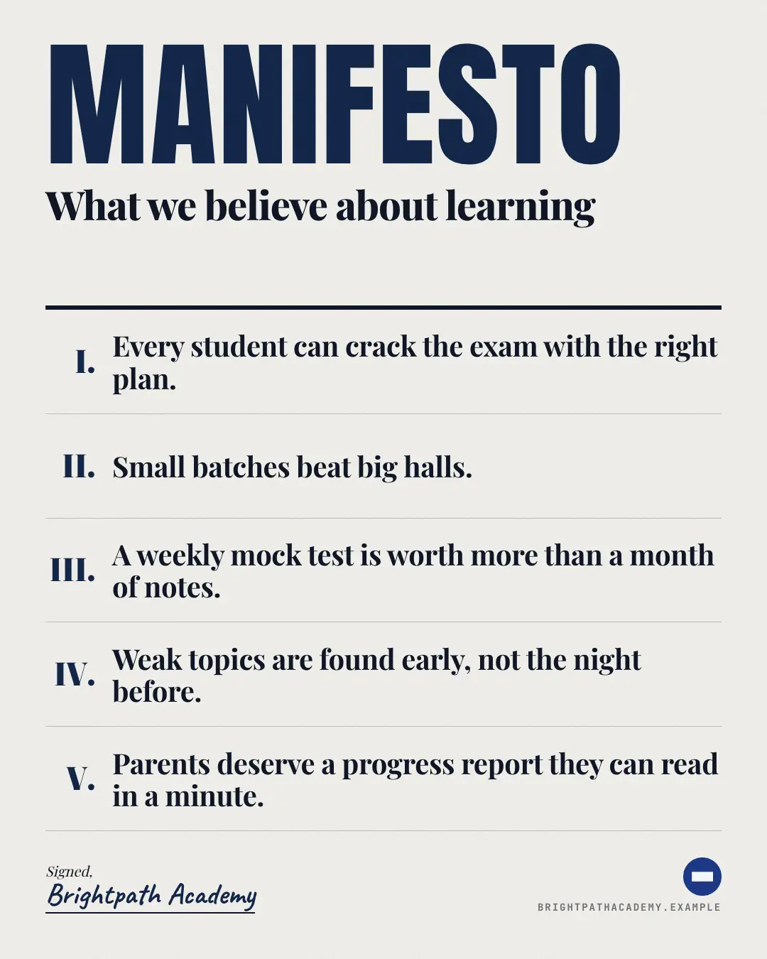 Sample Manifesto creative (Editorial & print template), shown on the fictional brand Brightpath Academy