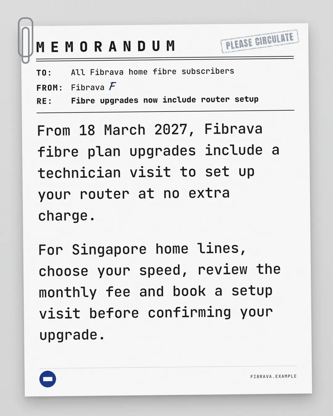 Sample Typewritten memo creative (Editorial & print template), shown on the fictional brand Fibrava