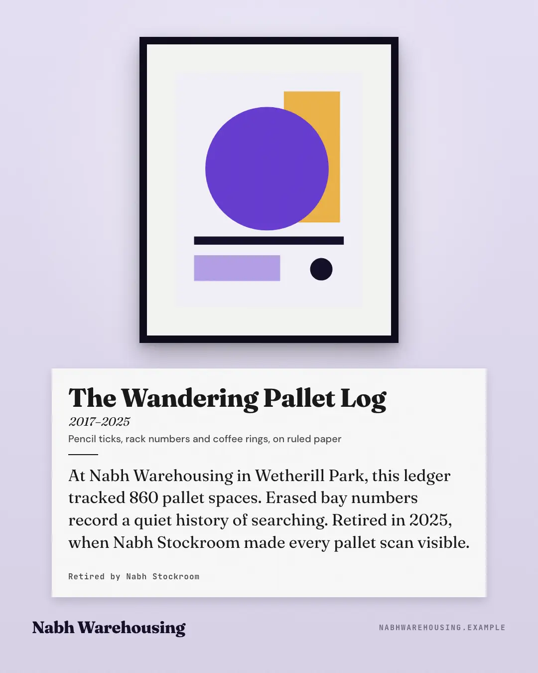 Sample Museum wall label creative (Editorial & print template), shown on the fictional brand Nabh Warehousing