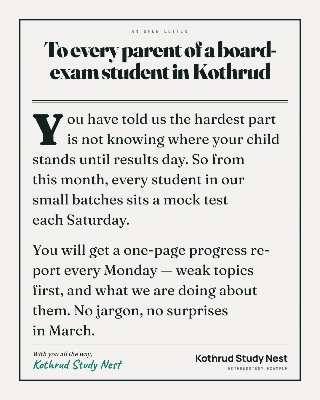 Sample Open-letter ad creative (Editorial & print template), shown on the fictional brand Kothrud Study Nest