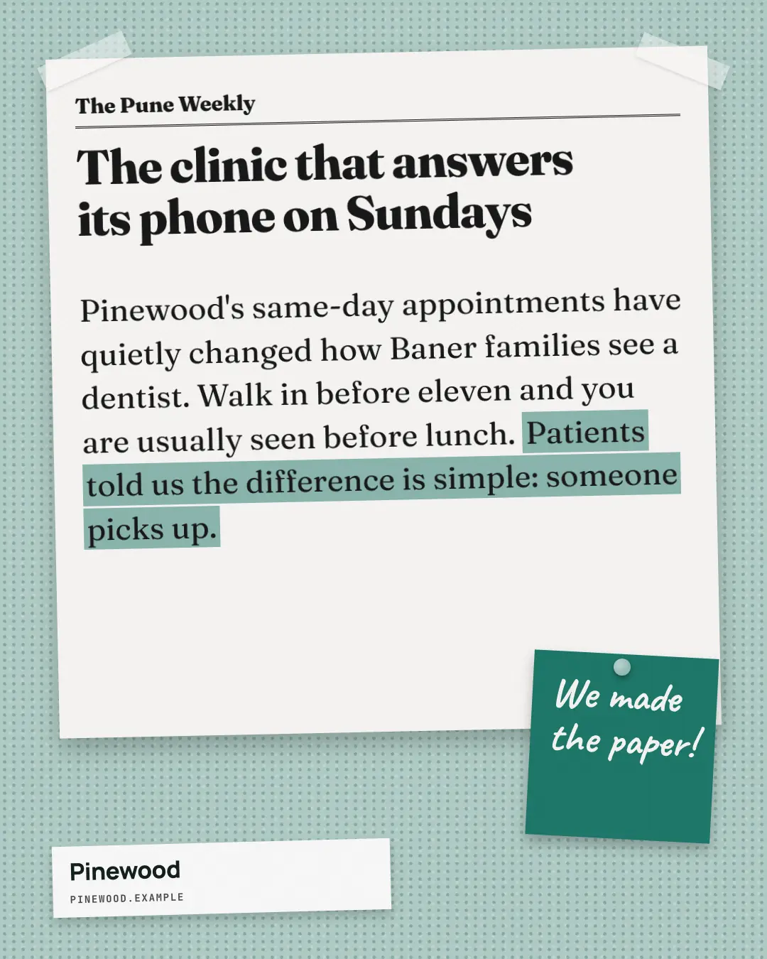 Sample Press clipping creative (Editorial & print template), shown on the fictional brand Pinewood