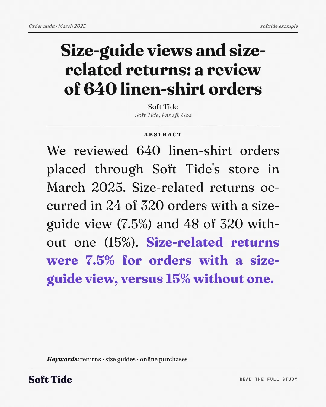 Sample Research abstract creative (Editorial & print template), shown on the fictional brand Soft Tide