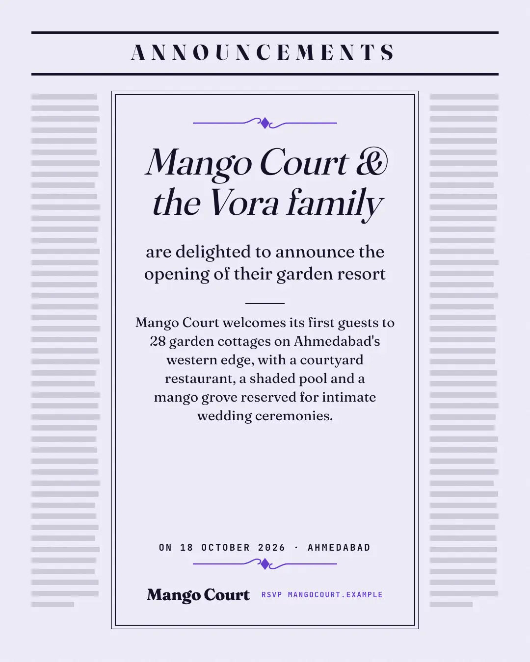 Sample Society pages creative (Editorial & print template), shown on the fictional brand Mango Court