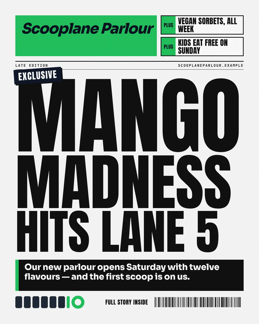 Sample Tabloid splash creative (Editorial & print template), shown on the fictional brand Scooplane Parlour