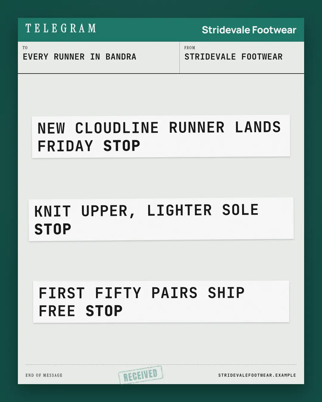 Sample Telegram creative (Editorial & print template), shown on the fictional brand Stridevale Footwear