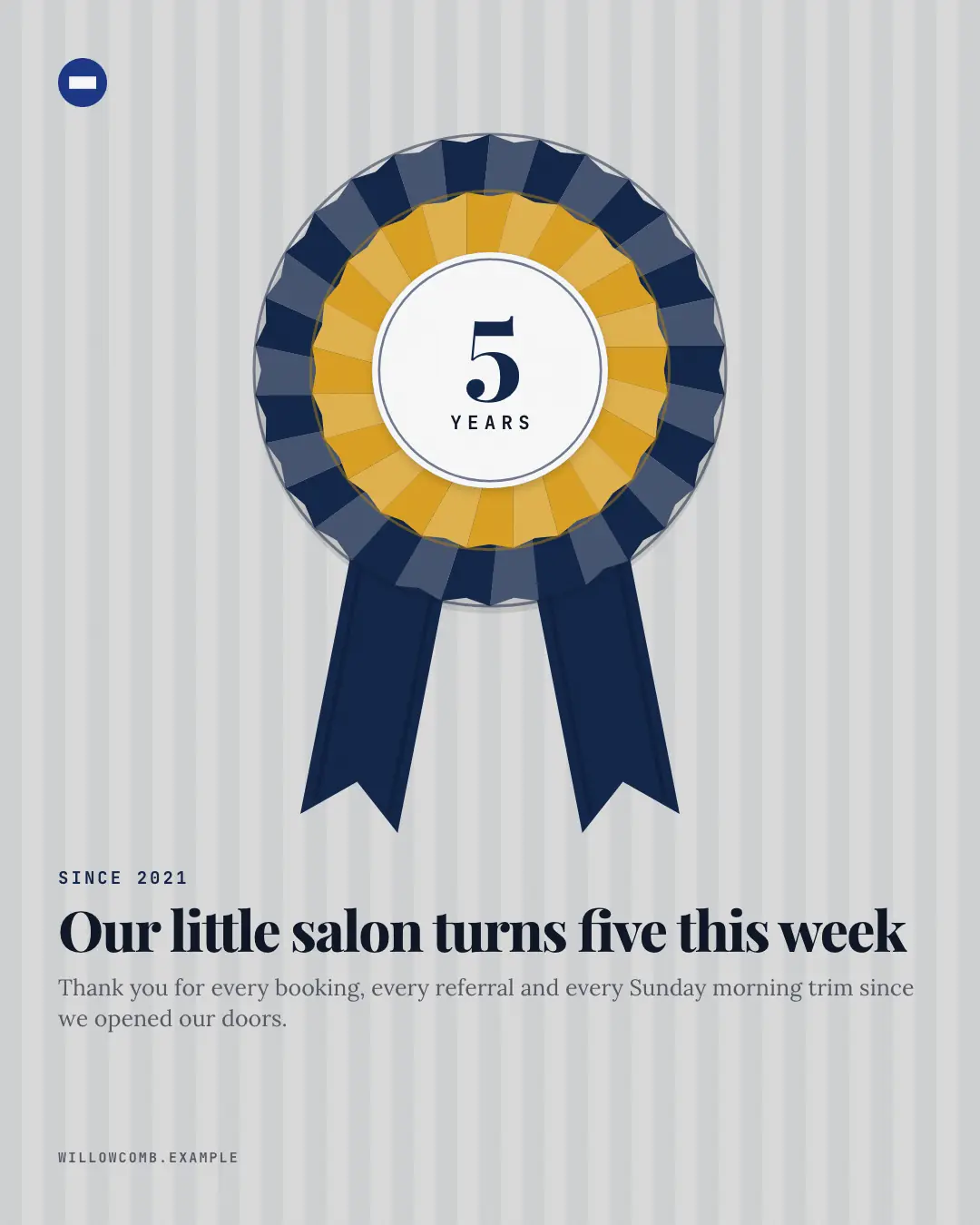 Sample Years-in-business rosette creative (Live, on the day template), shown on the fictional brand Willow Comb Salon