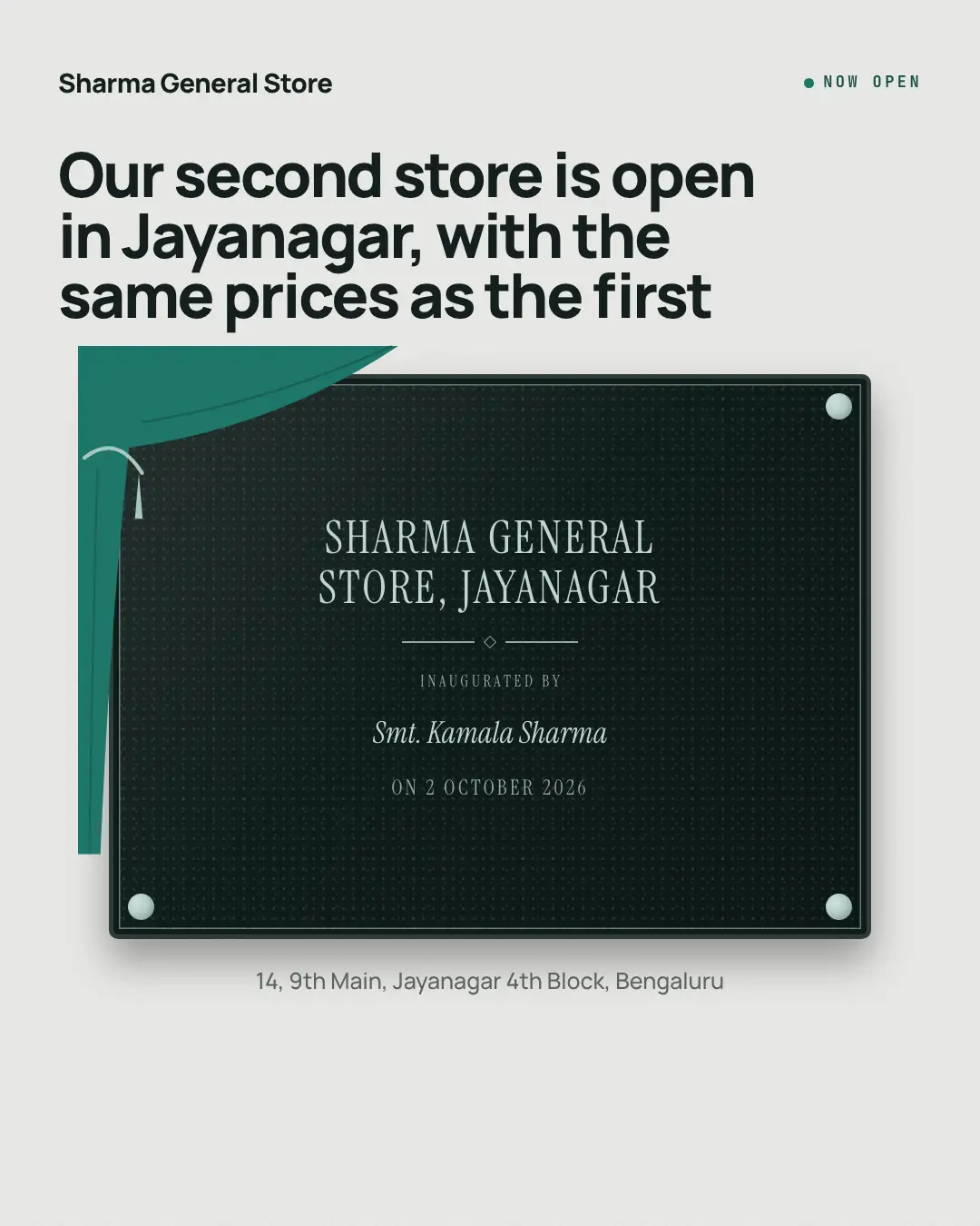 Sample Inauguration plaque creative (Live, on the day template), shown on the fictional brand Sharma General Store