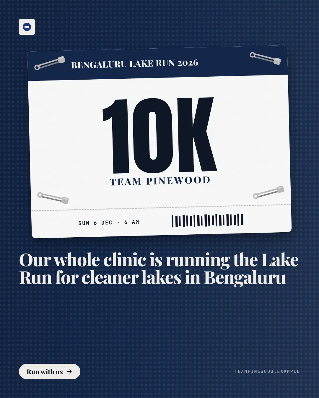 Sample Bib creative (Live, on the day template), shown on the fictional brand Team Pinewood