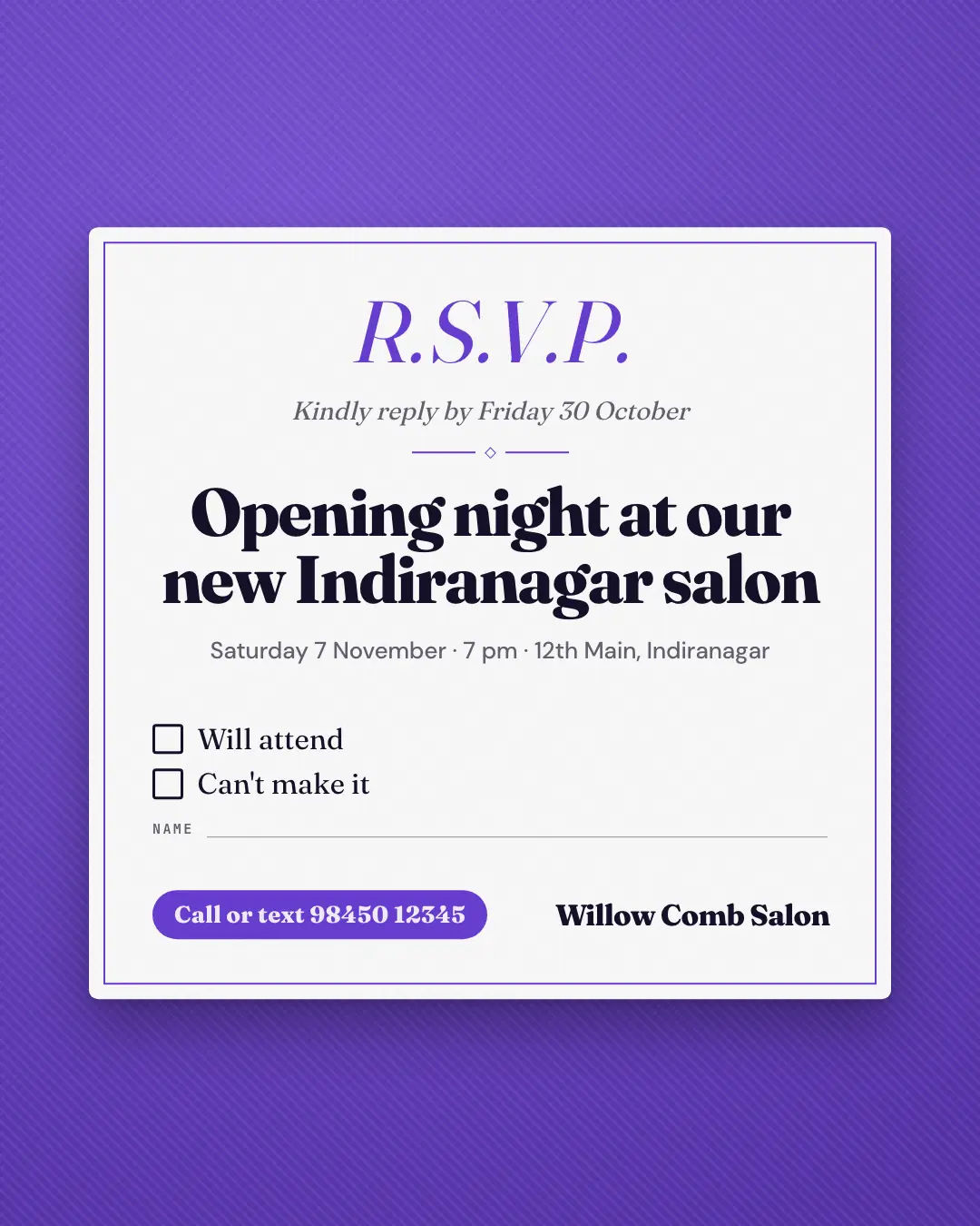 Sample RSVP card creative (Live, on the day template), shown on the fictional brand Willow Comb Salon