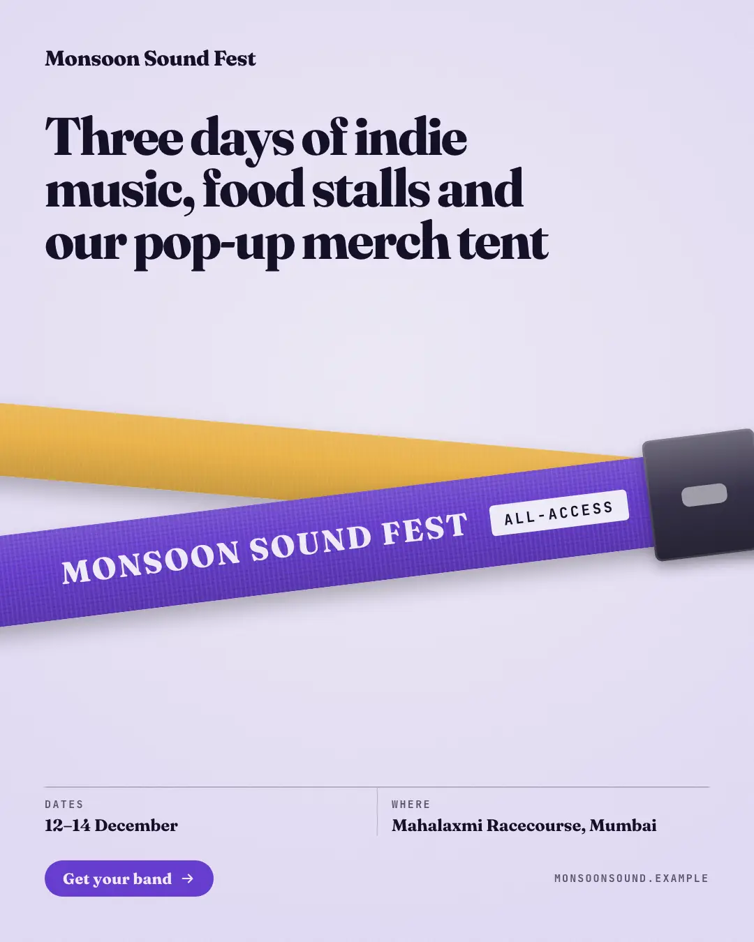 Sample Wristband creative (Live, on the day template), shown on the fictional brand Monsoon Sound Fest